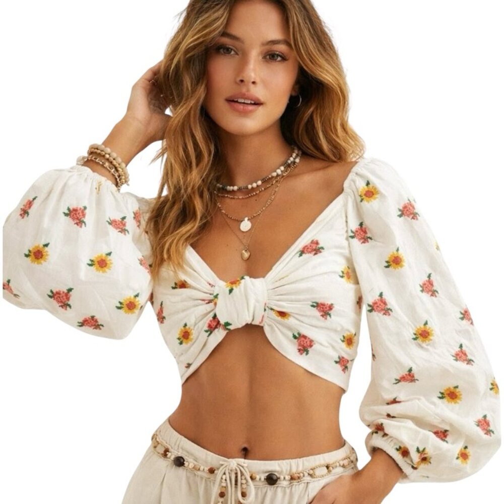 Farm Rio Floral Cross Stitch Embroidered Crop Top XS Puff Sleeves Boho